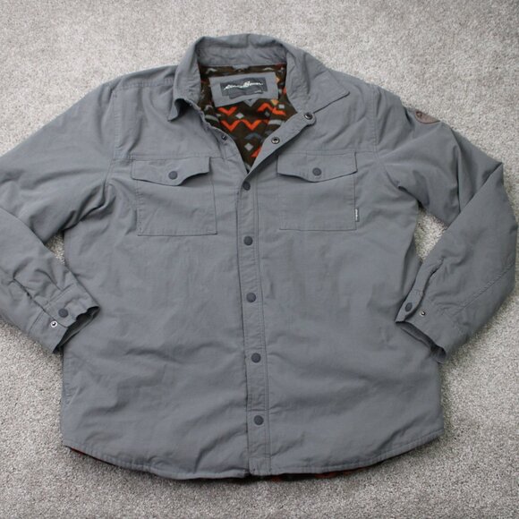 Eddie Bauer Shirt Jacket Mens Large Gray Voyager Fleece Lined Snap Front Shacket - Picture 1 of 15